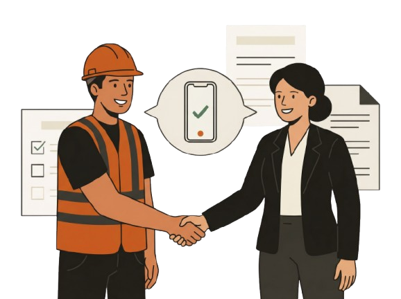 A construction worker and business professional shaking hands, with a phone-based health check between them
